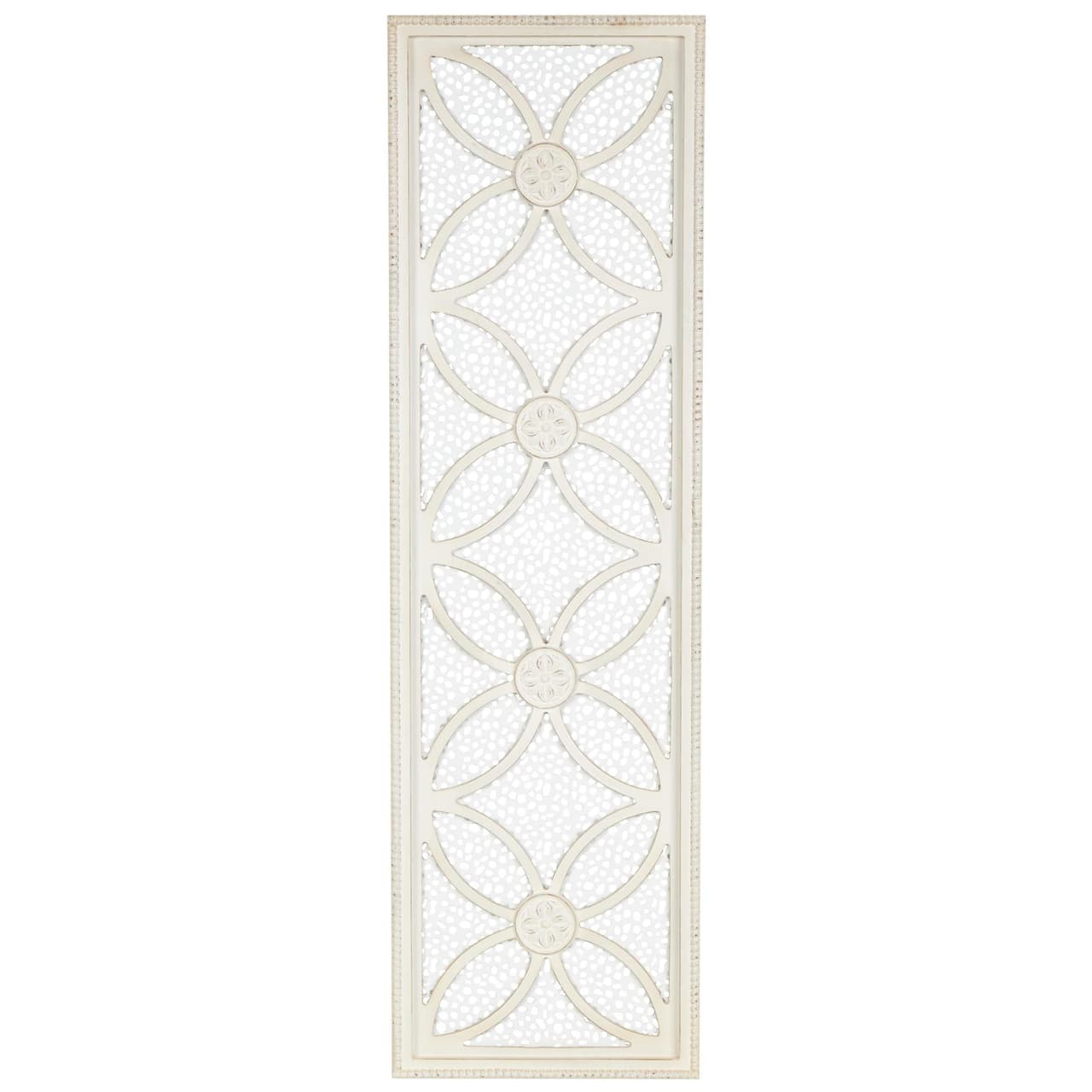 White wooden floral panel wall decor with cutout metal backing and beaded frame.